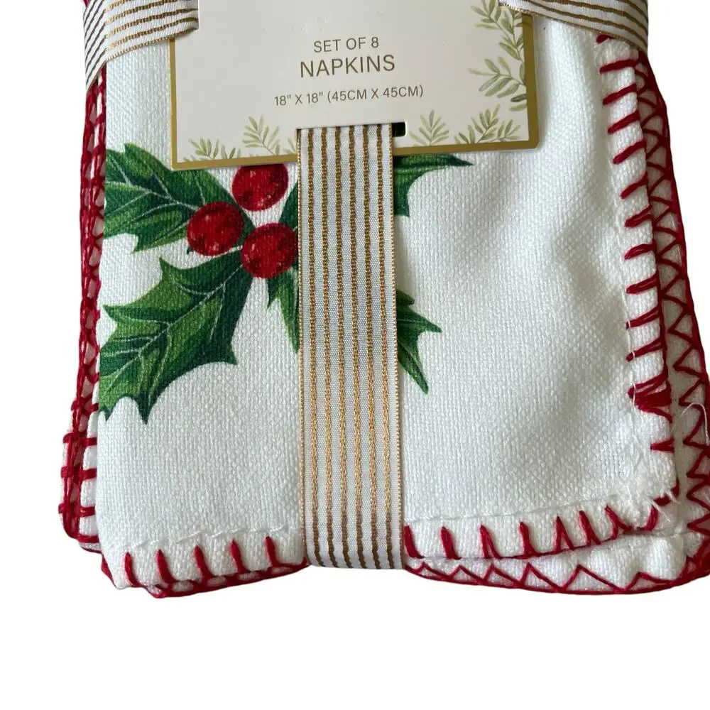 Lillian August Holly Berry Christmas Dinner Napkins Set of 8 Embroidered 18x18